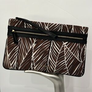 RFID Mia Wristlet Banana Leaves Brown with Genuine Leather Trim